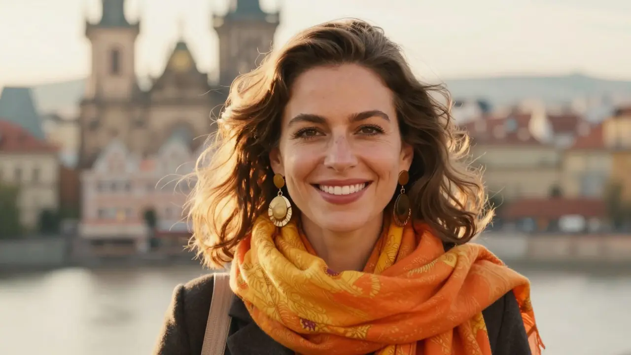 Žena s jasným úsměvem a šperky v Praze