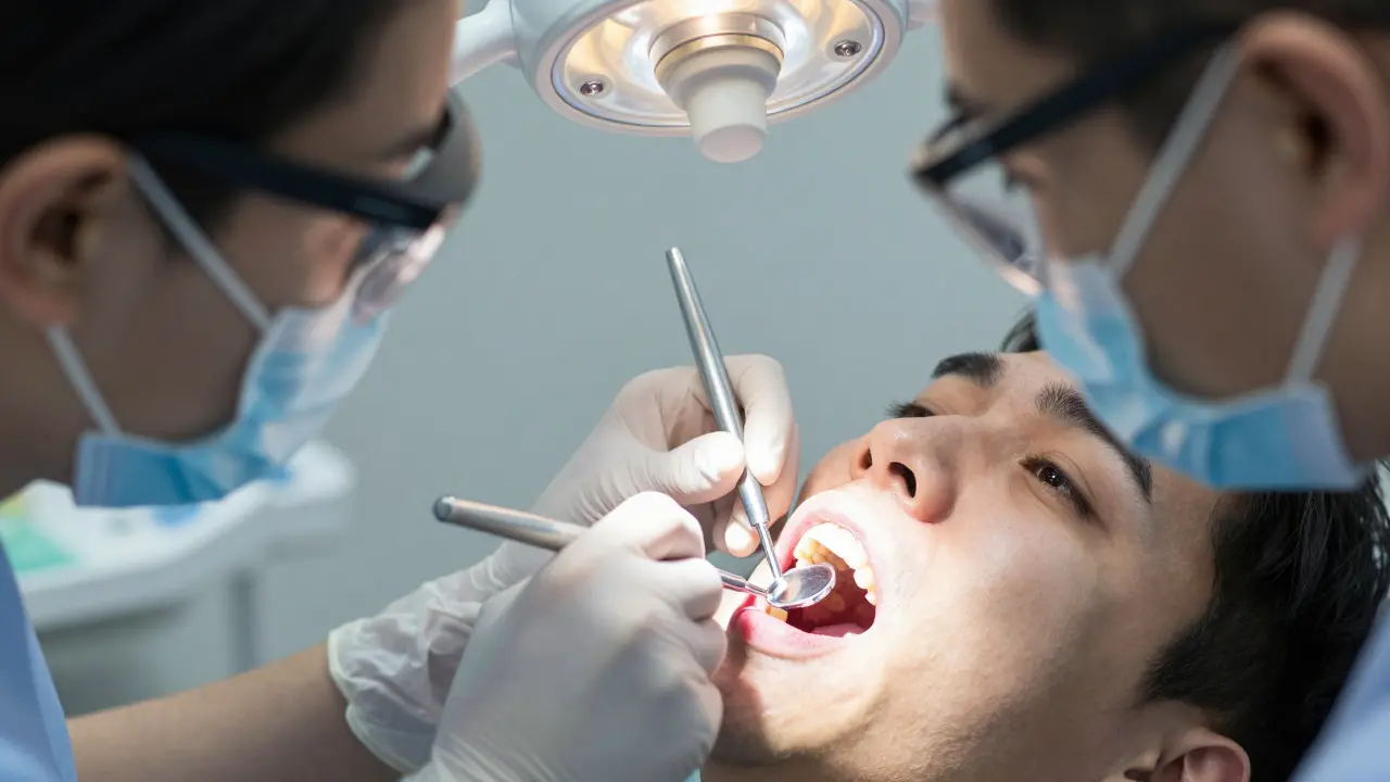 Zubní hygienistka čistí zubní kámen pacientovi v klinice