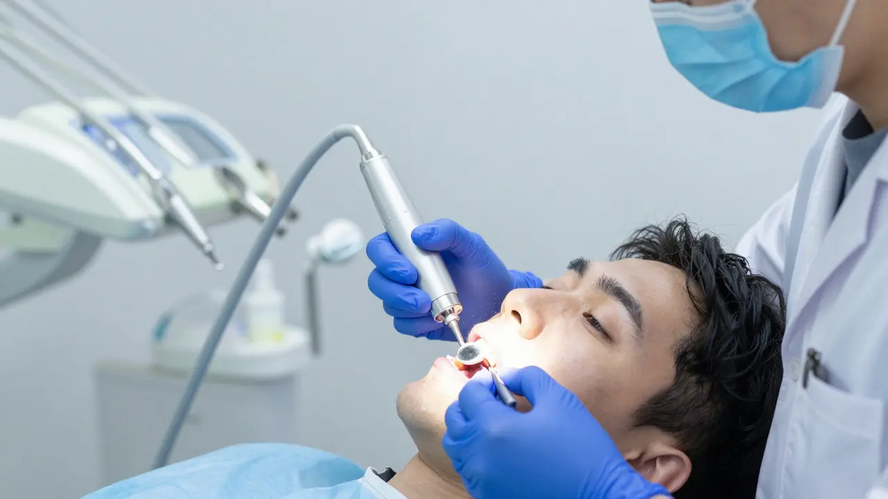 Zubní hygienistka odstraňuje kámen ultrazvukovým čističem