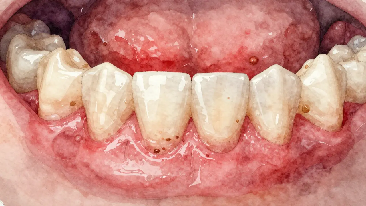 Zubní kámen a zánět dásní na blízkém zubním detailu.