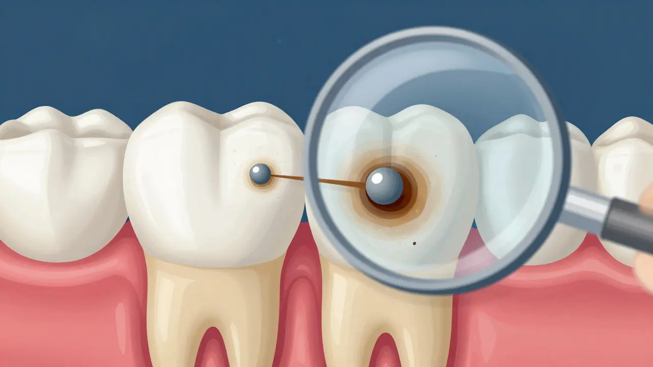 Zvětšený řez zubem ukazující, jak bělicí látka proniká do skloviny a rozkládá skvrny.