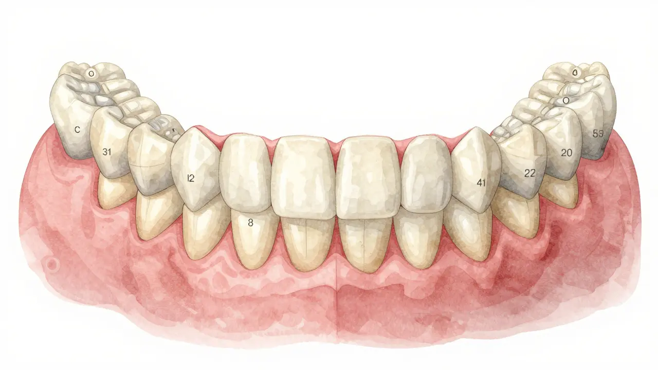 Celá sada 32 zubů v ústní dutině podle typu a polohy