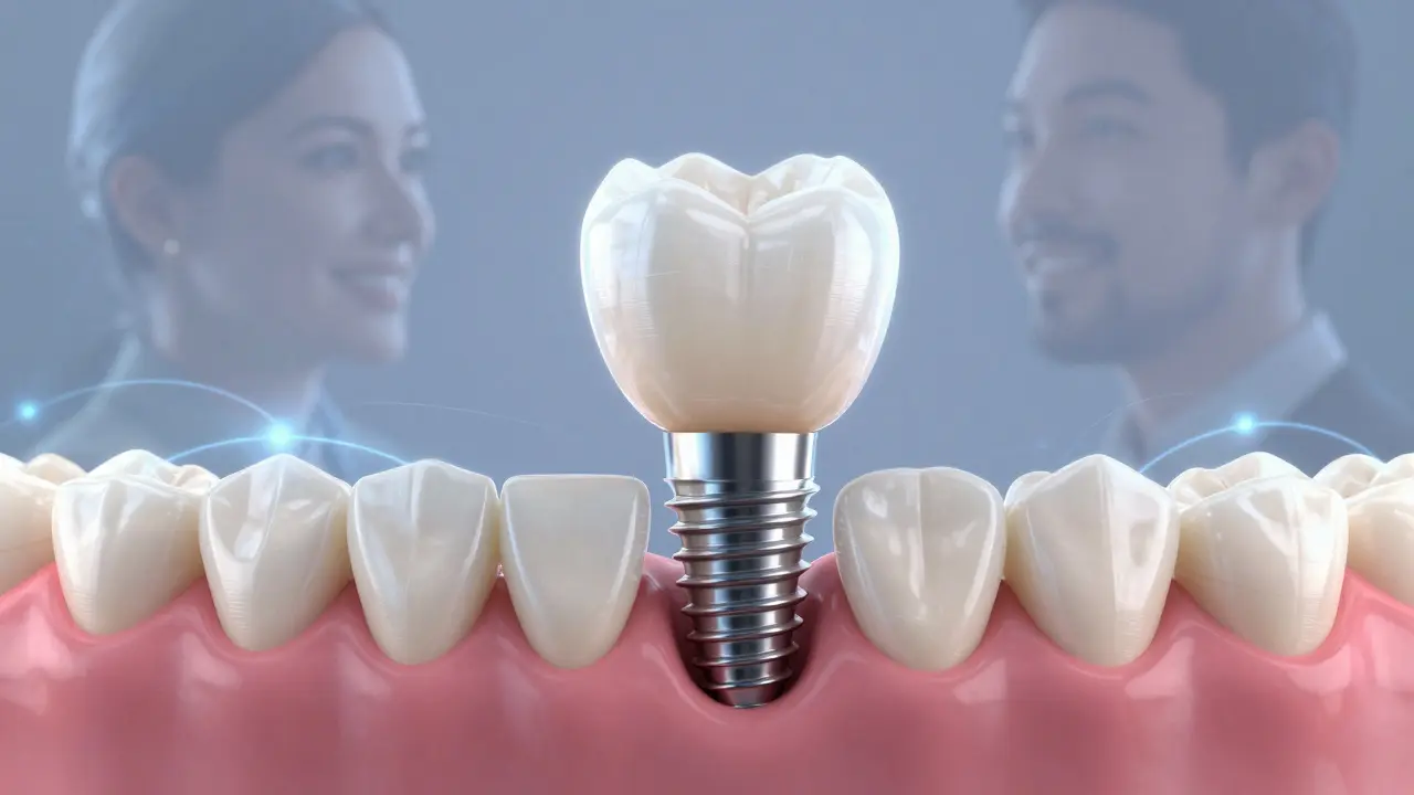 Ceramic dental implant emerging from jawbone like a blooming flower.