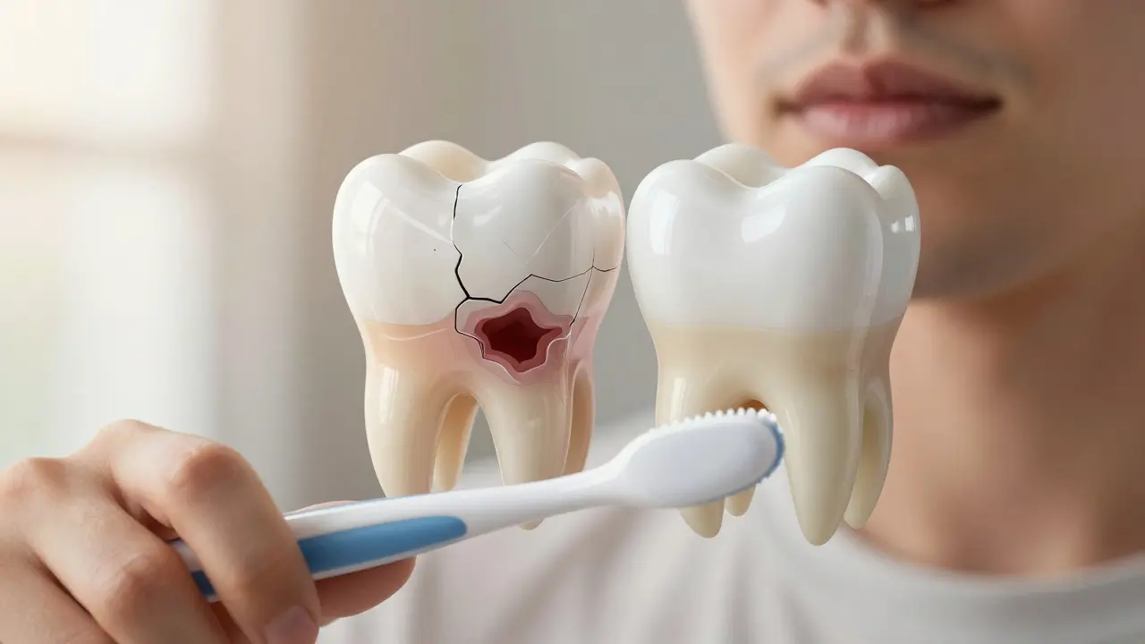 Člověk čistí zuby v koupelně, s průhledným přehledem poškozené a zdravé plomby v ústech.