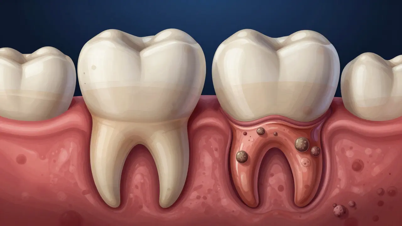 Cross-section of gum tissue showing bacterial infection in periodontal pocket