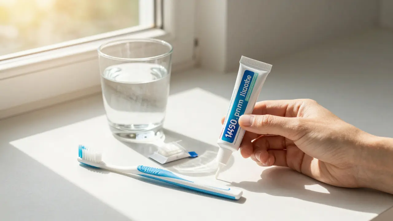 Denní péče o zuby: fluoridová pasta, mezizubní nit a voda na slunečném okně.