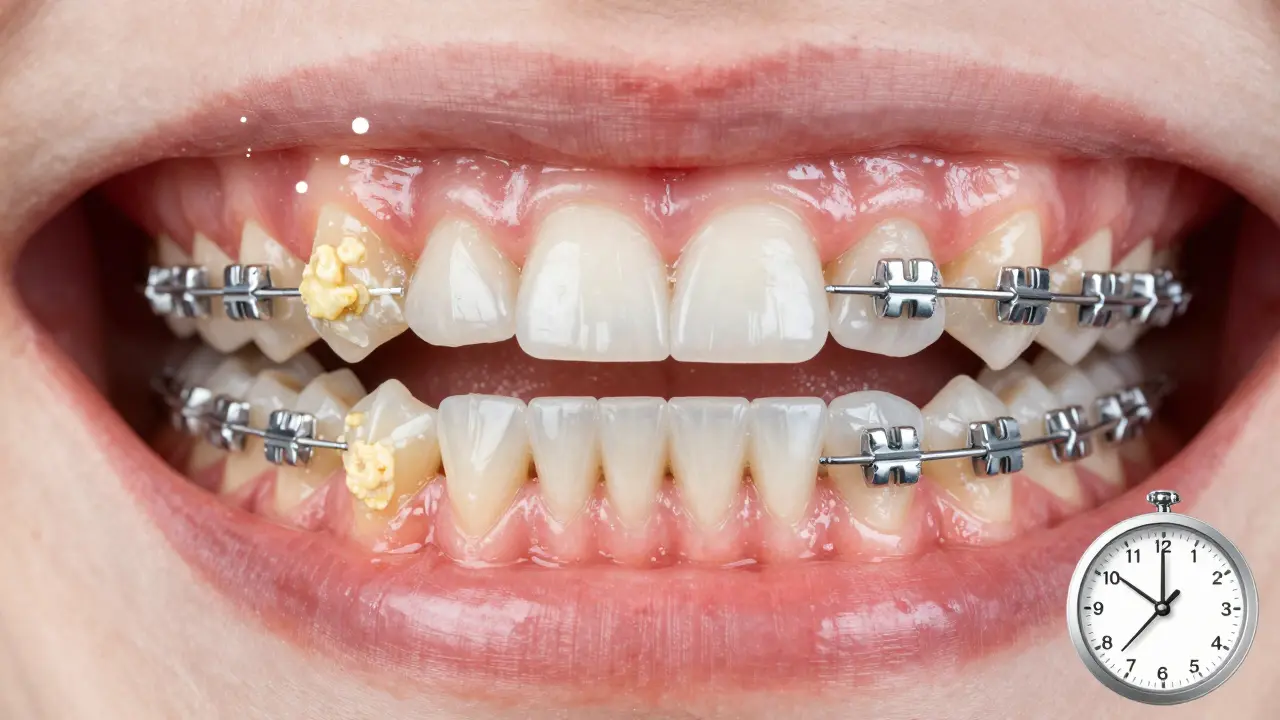 Dvě strany: zanedbané rovnátka s plakem a zánětem vs. čistá rovnátka s zdravými dásněmi.