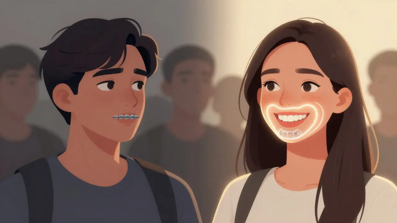 Dvě verze téhož člověka: s kovovými rovnátky smutný a s průhlednými rovnátky sebejistý, s přechodem od šedého k zlatému světlu.