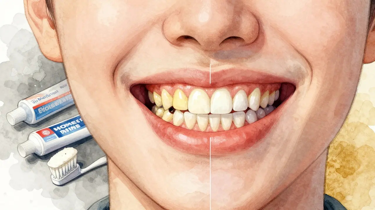 Dvě verze úsměvu: jedna s tmavými plombami a domácími bělícími přípravky, druhá s rovnoměrně bílými keramickými náhradami.