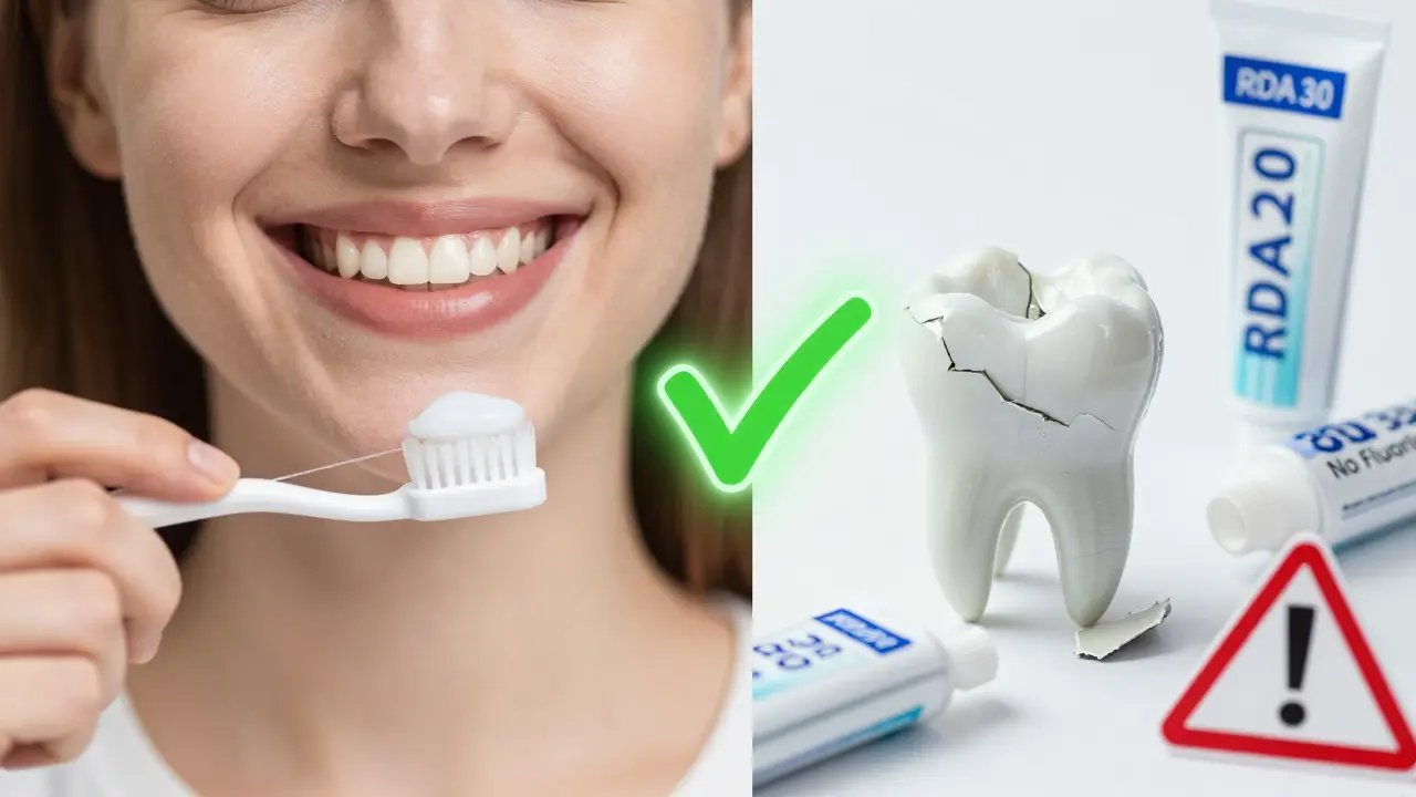 Dvoučástný obraz: zdravé zuby vs. poškozená sklovinka z přílišného používání bělící pasty.