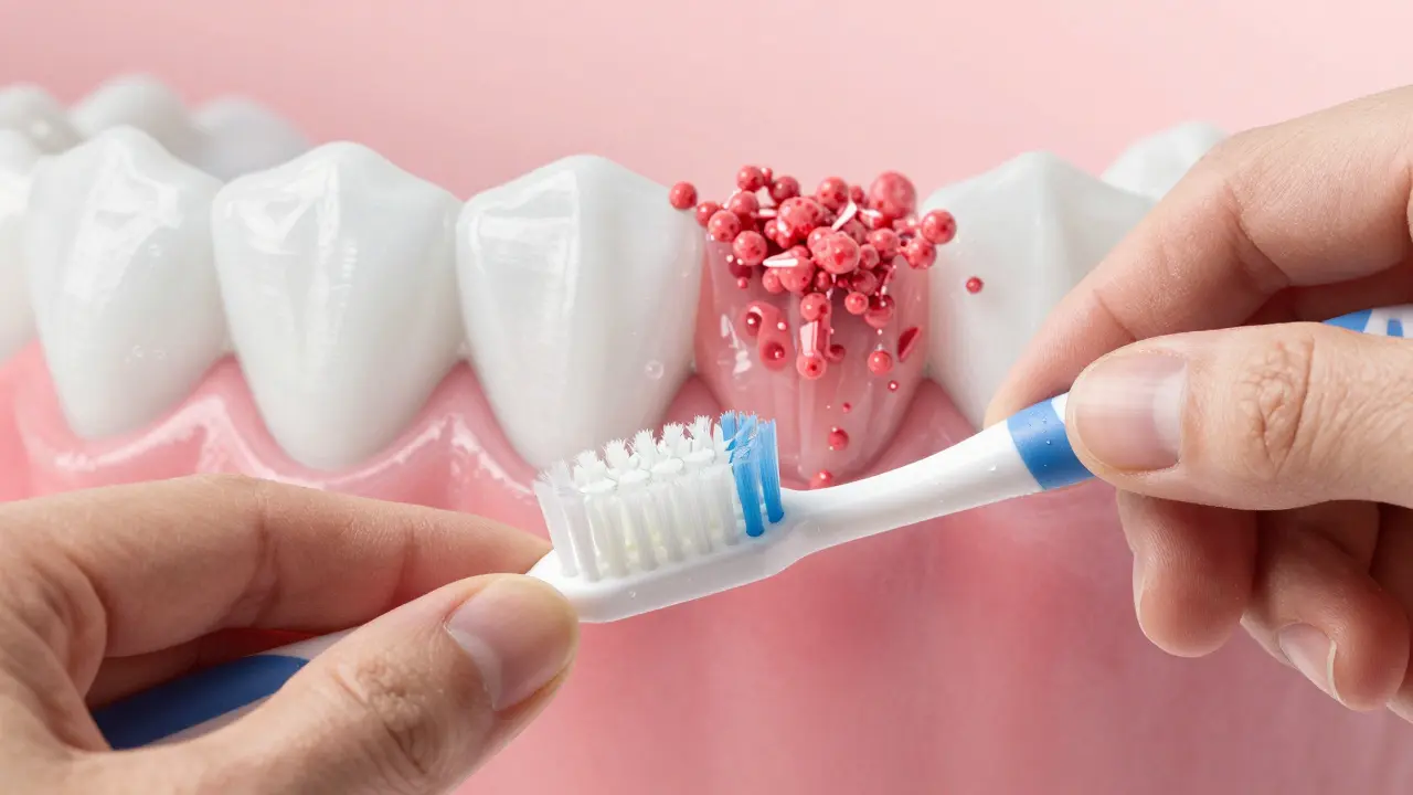 Jemný kartáček v úhlu 45 stupňů na odhalený krček, s mikroskopickým zobrazením tvrdnutí cementu, bez agresivních látek.