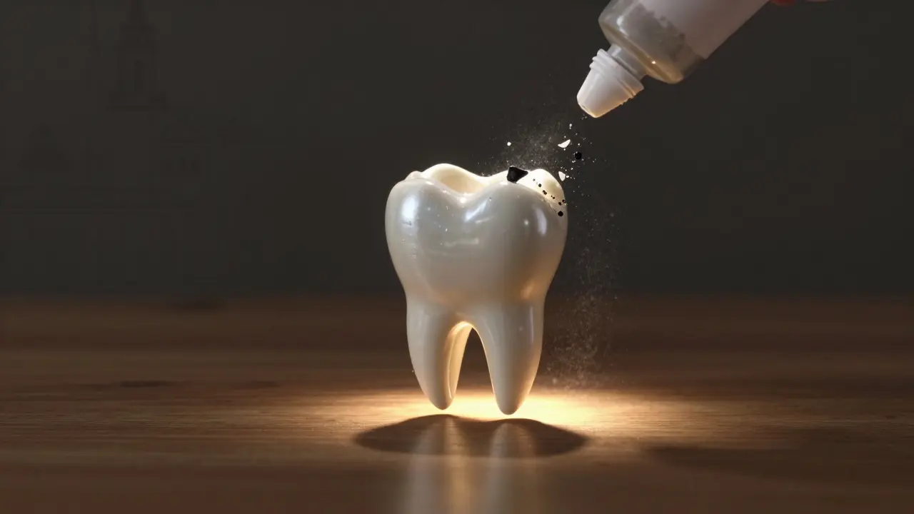 Keramický zub září v prostoru, zatímco tmavé plomby a bělící gely se rozpadají do prachu.