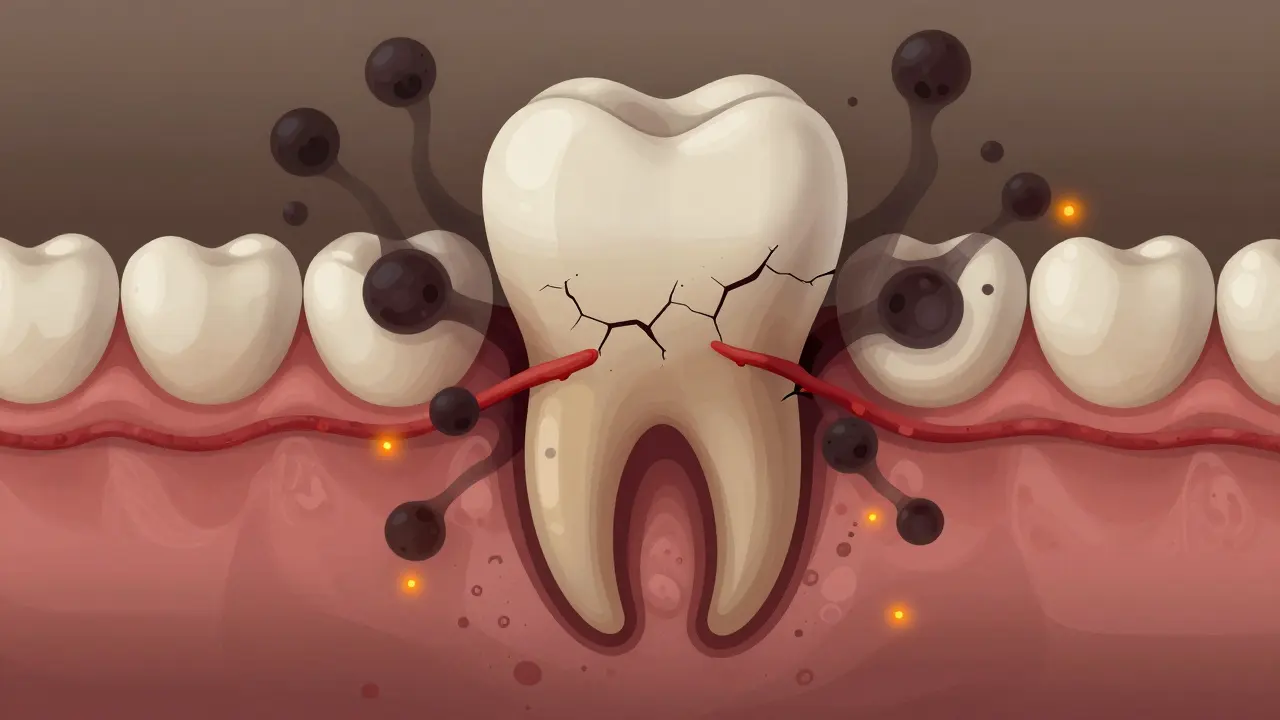 Kořen zubu obklopen šířícími se bakteriemi a poškozenou kostí.