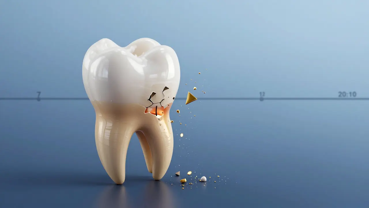 Korunka jako ochranná přístrojová helma nad zubem, vedle ní rozpadající se plomba na časové ose.