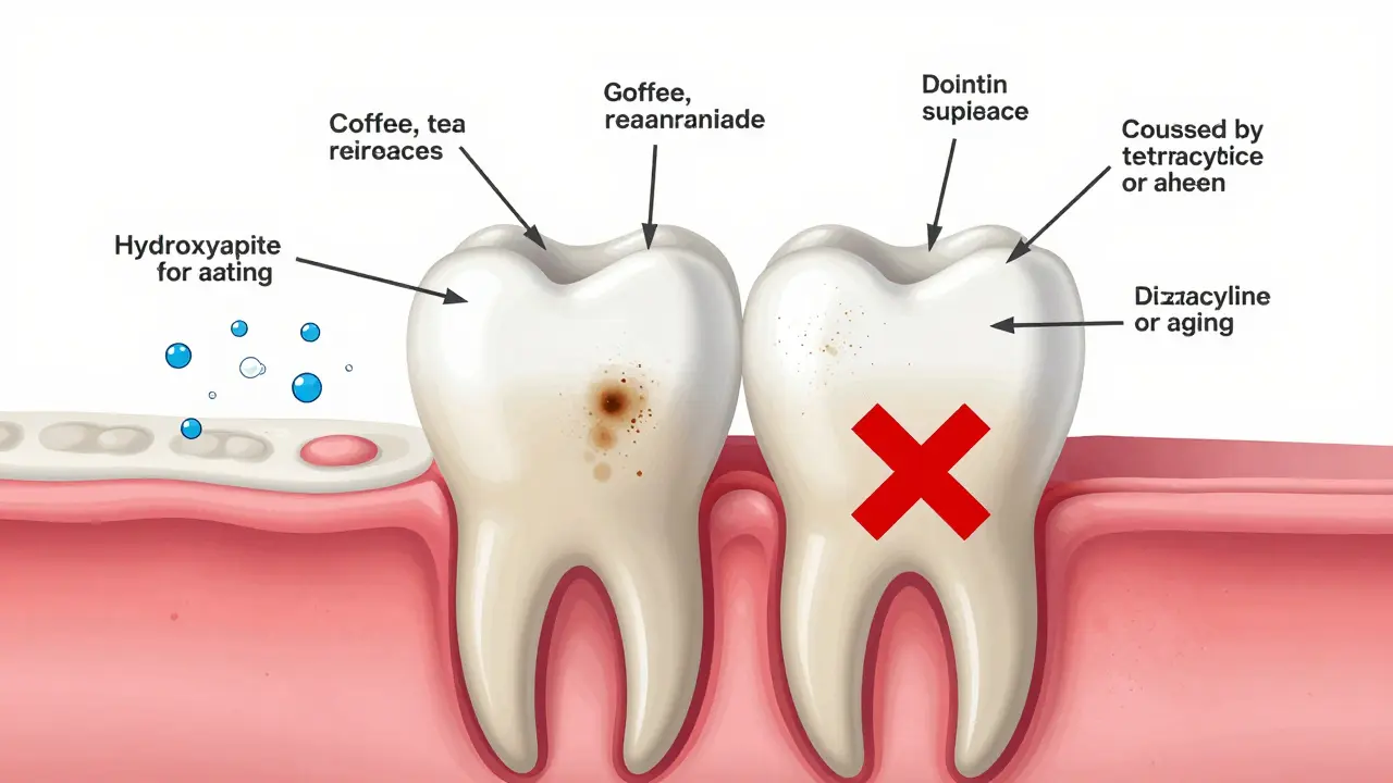 Křížový řez zubu s označenými vrstvami a mechanismem odstraňování povrchových skvrn.