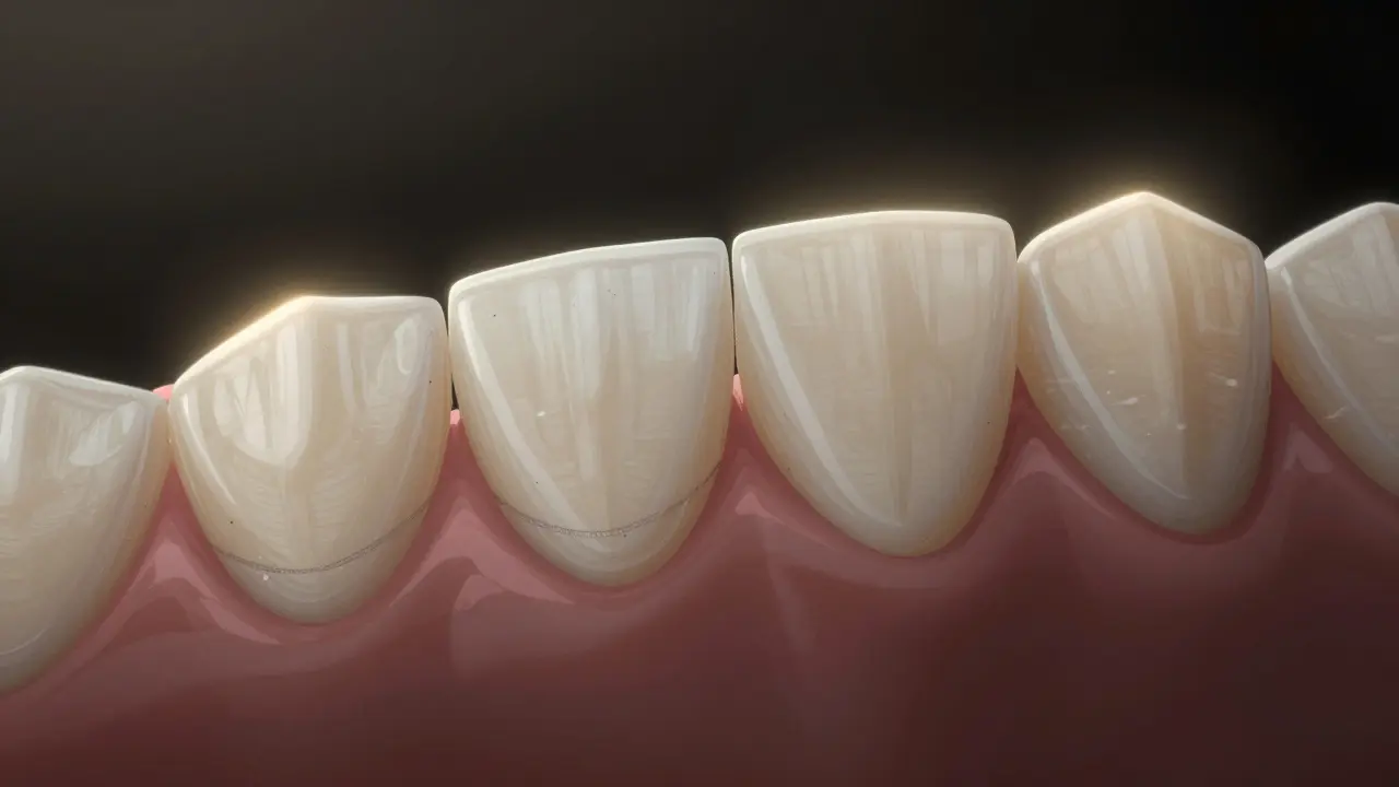 Mikroskopický pohled na keramickou fazetu s čistou hranicí a tenkou vrstvou lepidla, okolo ní bakterie.