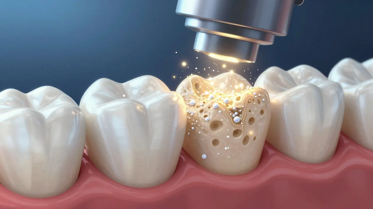 Mikroskopický pohled na obnovu skloviny minerály při remineralizaci kazu.