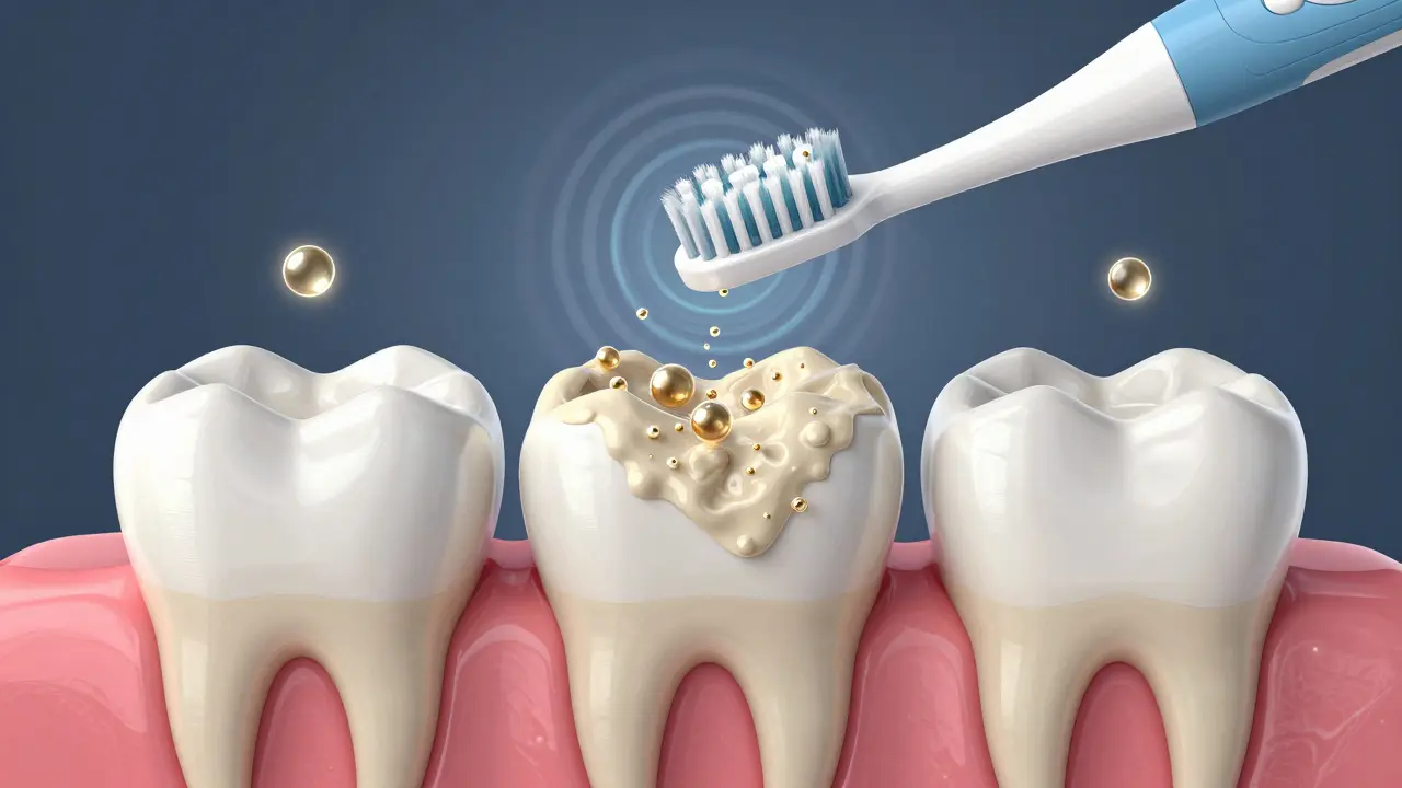 Model zubu s třemi oblastmi plaku, které sonický kartáček čistí mikrovlnami a bublinkami.