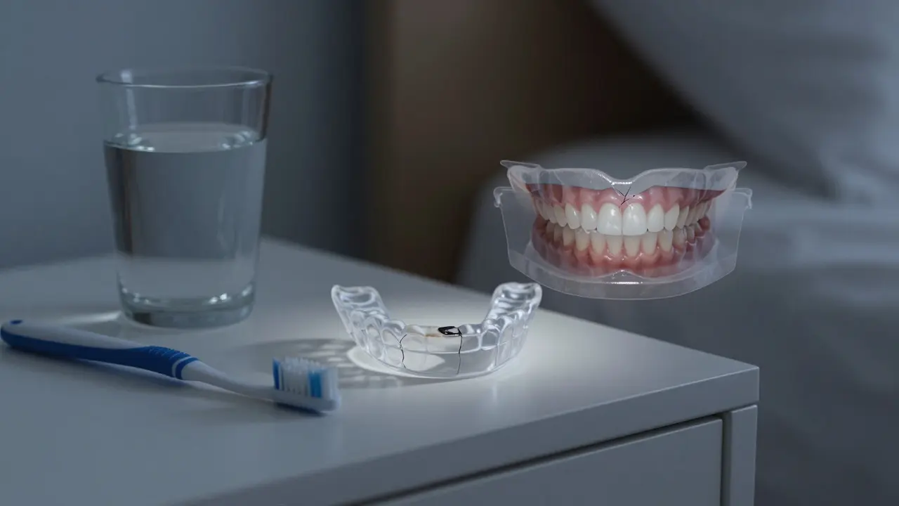 Noční ochranný štít na nočním stolku vedle kartáčku a sklenice vody, symbolizující ochranu zubů.