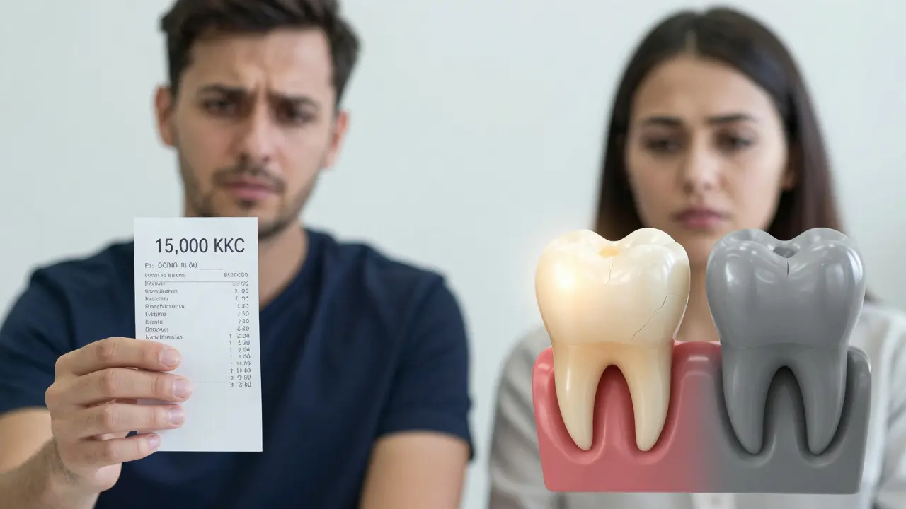 Patient holding dental bill beside comparison of saved tooth and missing tooth socket.
