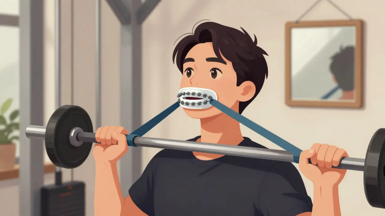 Person lifting weights with custom mouthguard, relaxed jaw, and braces visible.
