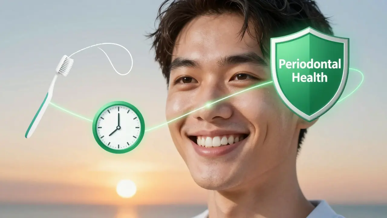 Person smiling with symbols of oral hygiene and preventive dental care