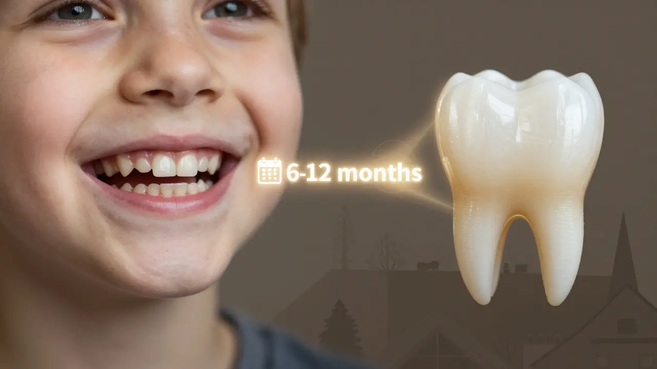 Porovnání poškozeného mléčného zubu a chráněného trvalého zubu s označením časového období.