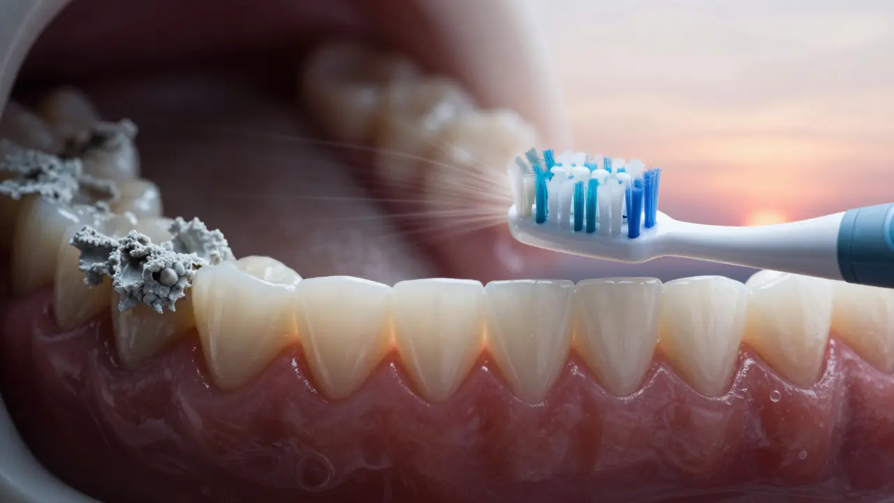 Porovnání šedého plaku a zdravého zubu – sonický kartáček přechází mezi nimi.