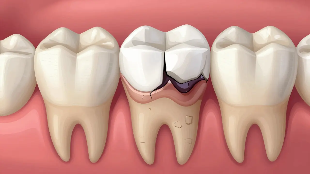 Poškozená bílá plomba s viditelnými trhlinami a kámen