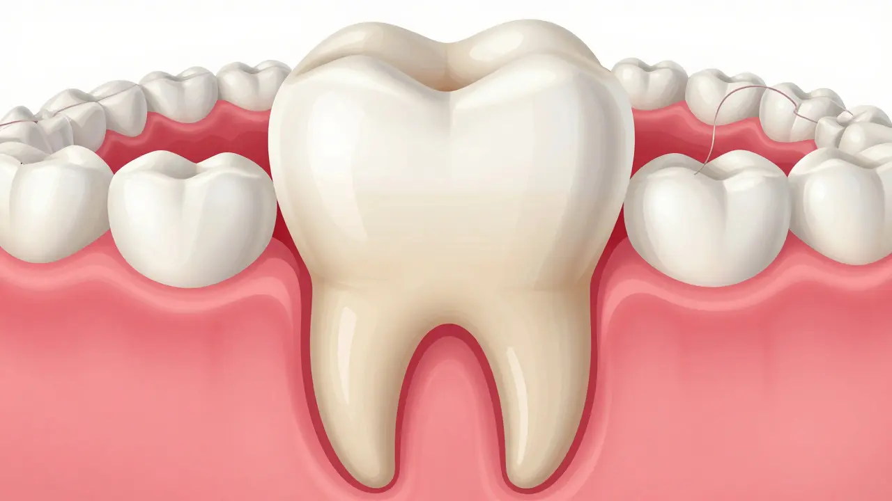 Příčný řez zdravého zubu s celistvou sklovinou, dentinou a zubním kýlem, s nití pro čištění mezizubních prostor.