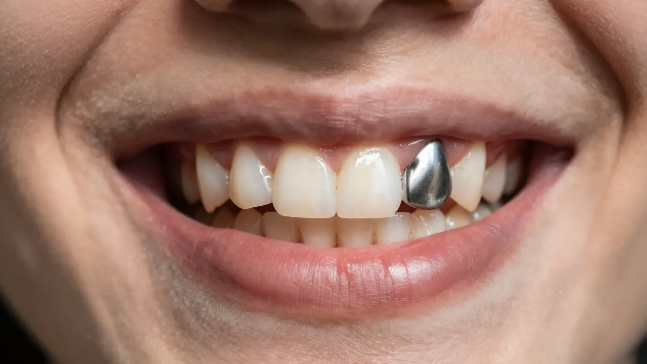 Side-by-side comparison of natural-looking ceramic crown and outdated metal crown.