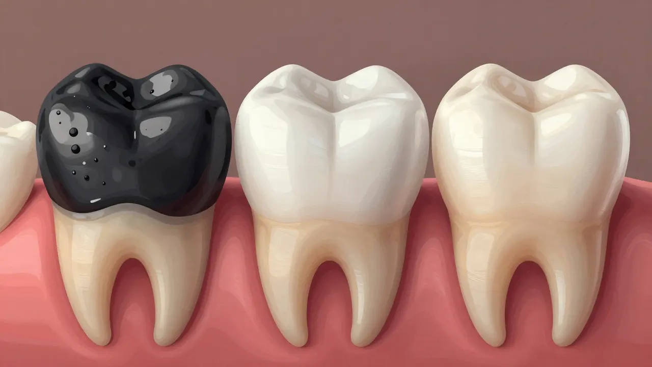 Side-by-side comparison of three dental filling materials: amalgam, standard composite, and premium nanocomposite on a tooth cross-section.