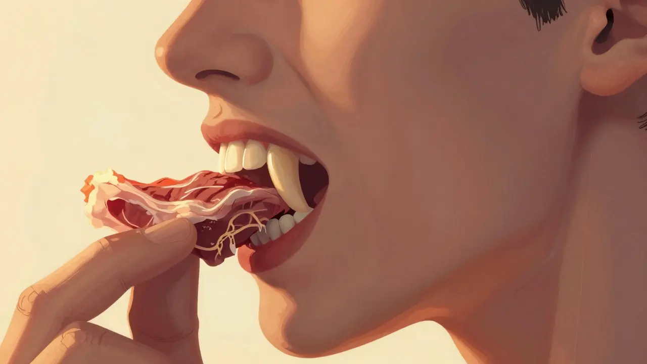 Špičáky (kličky) drží kousek masa v profilu čelisti