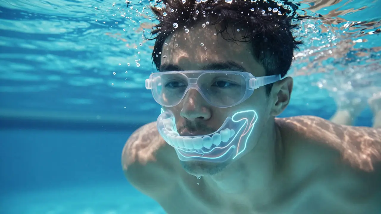Swimmer with orthodontic mouthguard and loosened elastic band, water droplets in air.