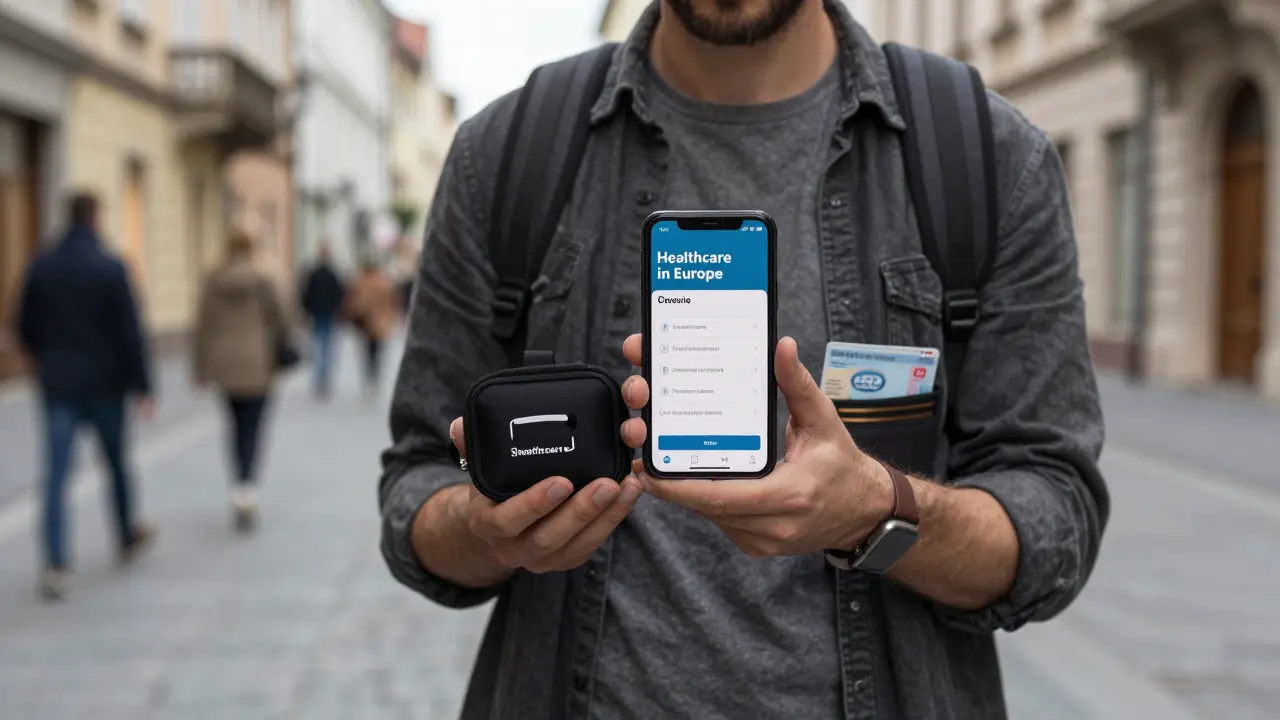 Traveler using a health app to find a dental clinic abroad, holding emergency orthodontic supplies.