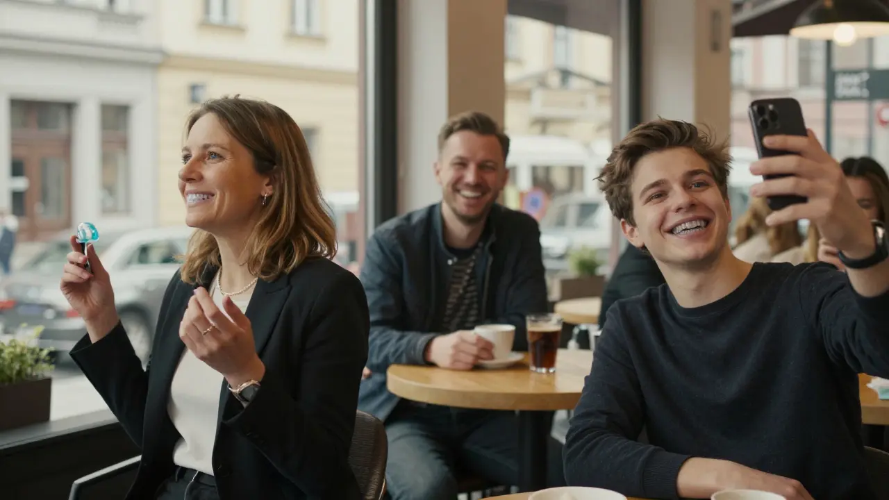 Tři Čechové v běžných situacích — při přednášce, v kavárně a při selfie — všichni s průhlednými zubními rovnátky.