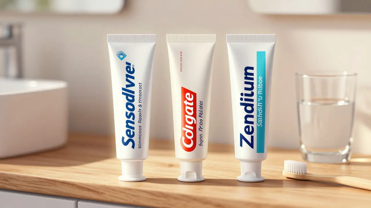 Tři pasty pro citlivé zuby s hlavními účinnými látkami na dřevěném povrchu, mírné osvětlení, bez logotypů.
