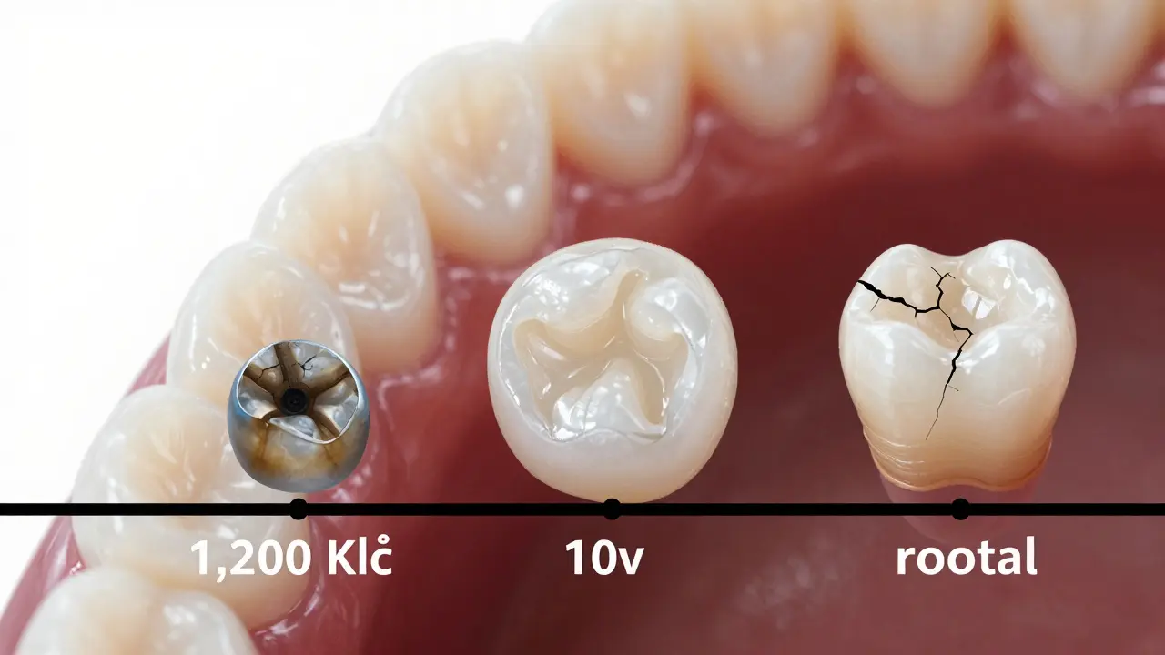 Visual timeline showing how a low-cost filling deteriorates over time compared to a high-quality one, leading to more expensive dental treatment.