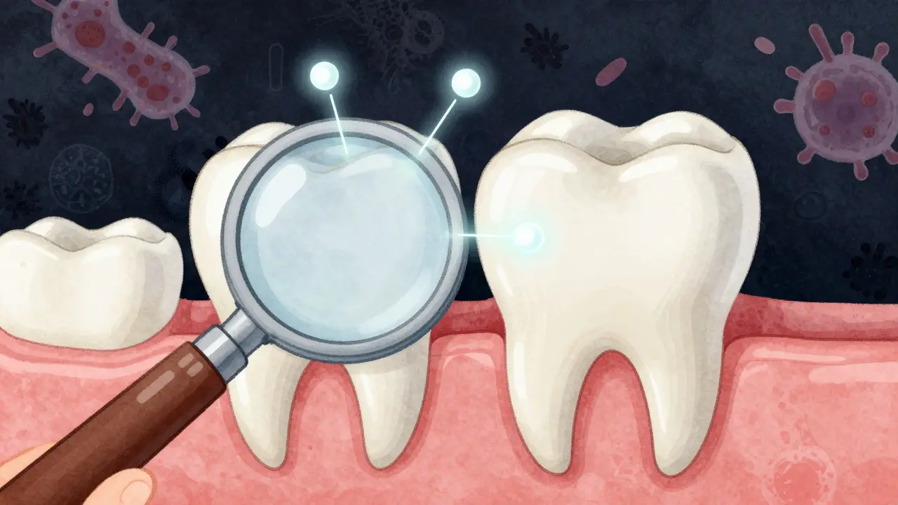 Zvětšený pohled na zubní sklovinu s fluoridovou ochrannou vrstvou proti kariéze.