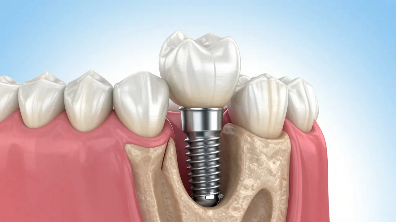 3D ilustrace dentálního implantátu v čelistní kosti s keramickou korunkou.