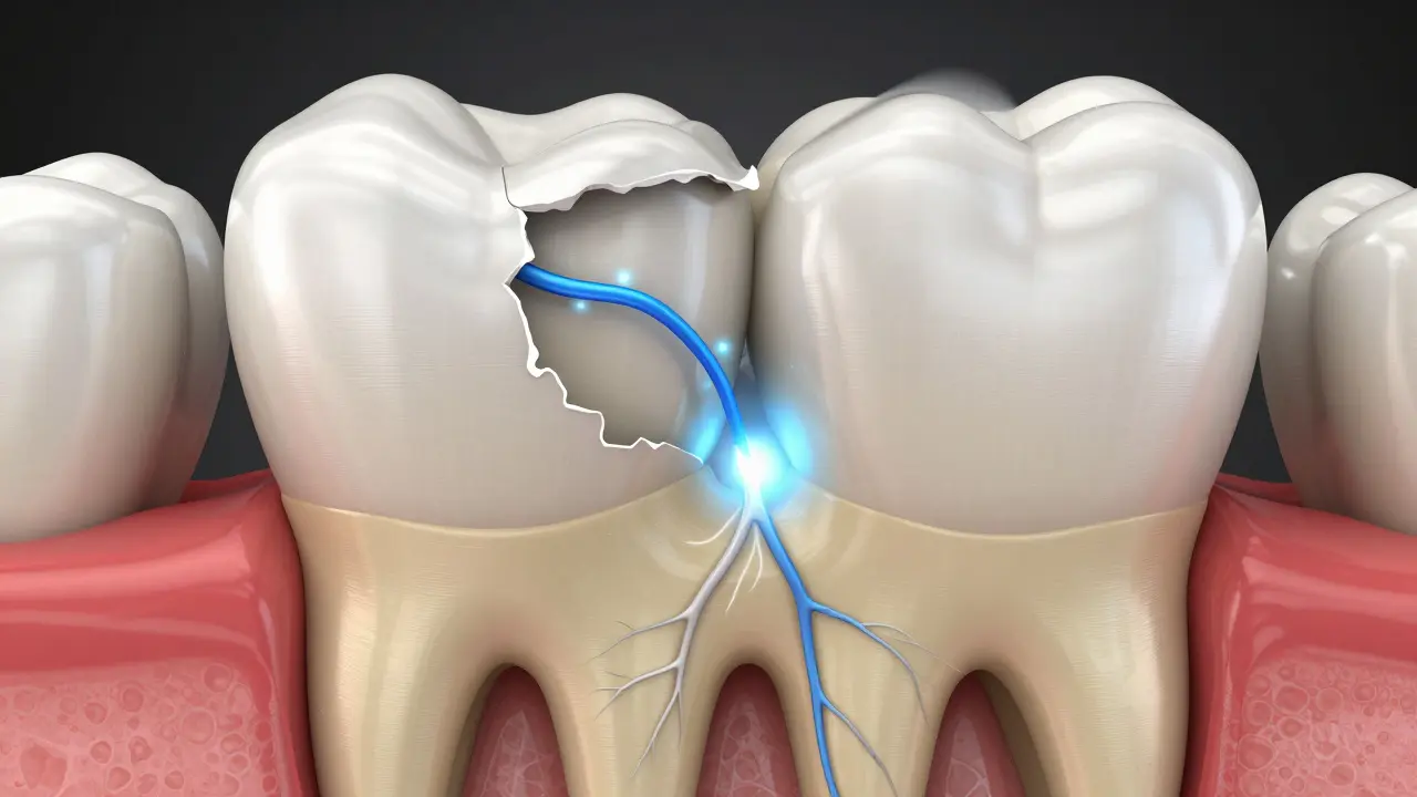 3D ilustrace průřezu zubu znázornující opotřebovanou sklovinu a citlivé kanálky dentinu.