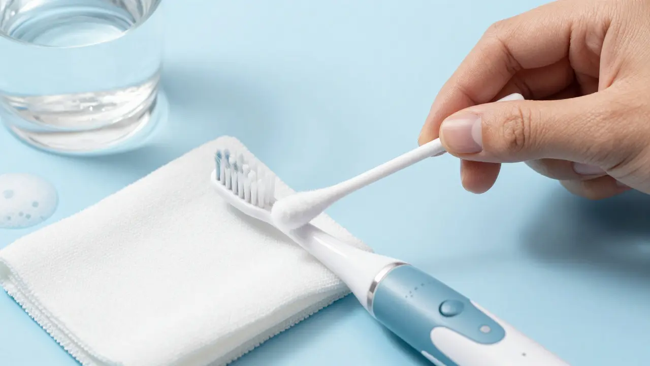 Čištění hřídelky elektrického kartáčku pomocí vatové tyčinky a mikrovlákna.