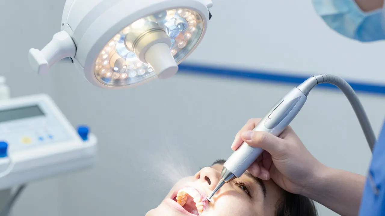 Dentální hygienistka používá ultrazvukové zařízení k odstranění zubního kamene.