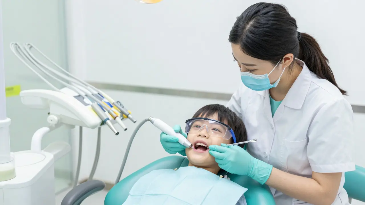 Dentální hygienistka provádí ultrazvukové čištění zubů u dítěte