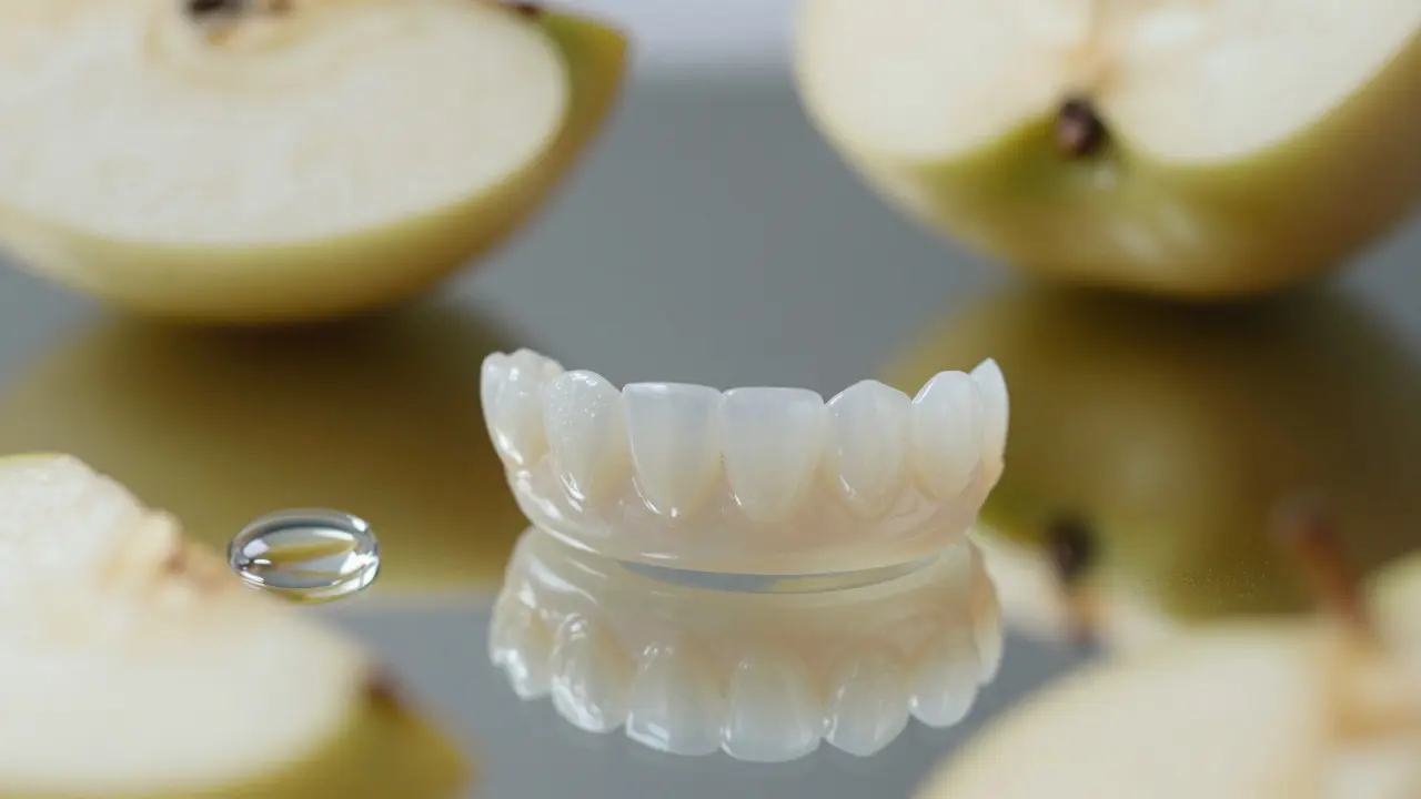 Detail keramické fazety s plátkem jablka na zrcadlovém povrchu.