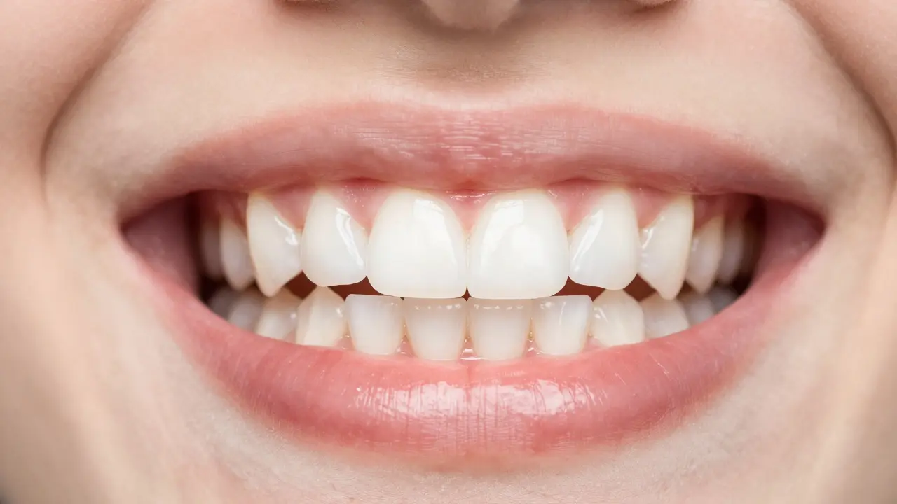 Detail zdravého úsměvu s čistými zuby a zdravými růžovými dásněmi.