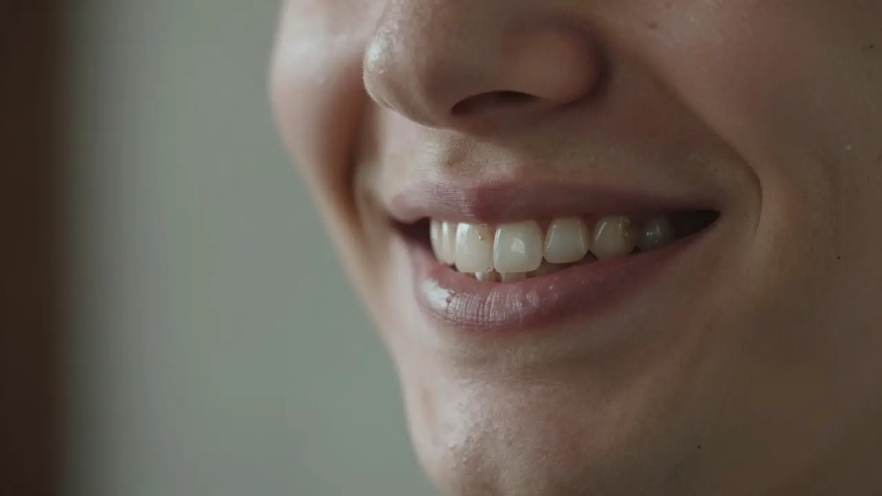 Detail zubu v zrcadle s viditelnou šedou změnou barvy jako příznakem mrtvého zubu.