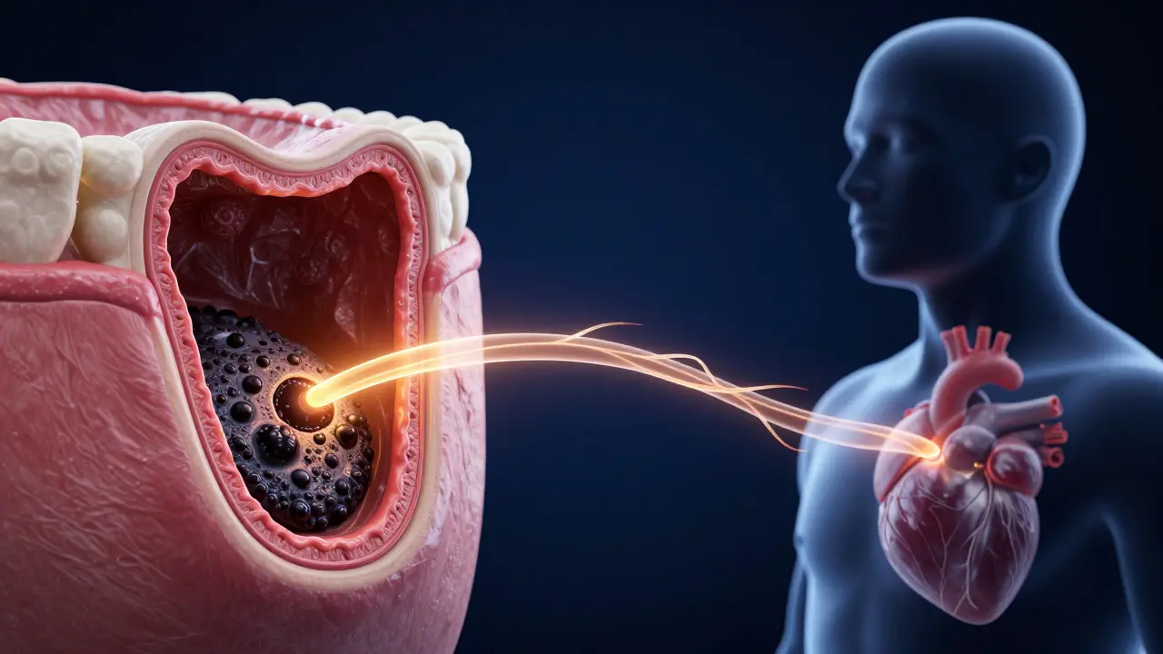 Ilustrace přenosu zánětu z černého zubního kamene do krevního oběhu a k srdci.
