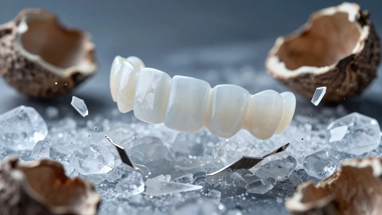 Keramická fazeta obklopená praskajícími krystaly ledu a skořápkami ořechů.