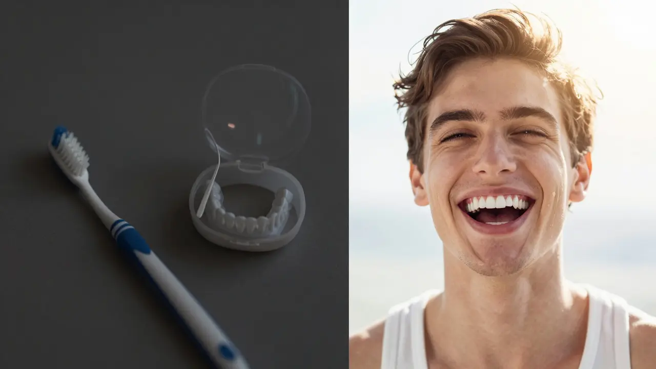 Kolaž znázorňující péči o zuby a radost z krásného, bílého úsměvu.